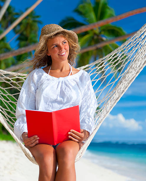 istock Young woman relaxing on a idyllic tropical beach 186828987