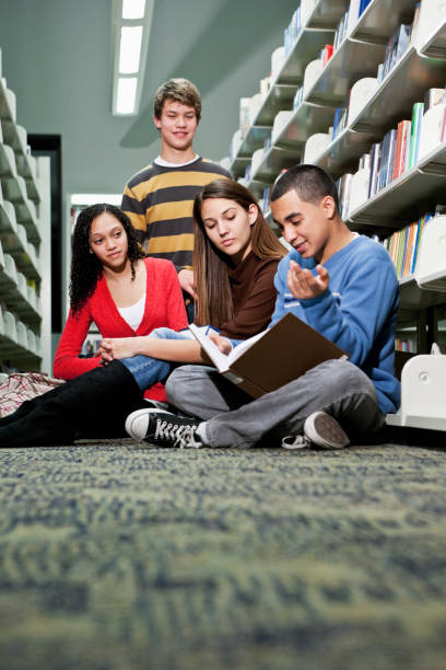 istock Teenagers hanging out in school library 186829331