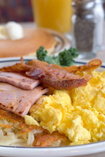 istock American Restaurant Food; Breakfast Eggs, Bacon, Ham, Pancakes & Orange Juice 186829741