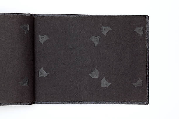Photograph Book Scrapbook Album "Old black paper photograph , 1870s scrapbook album: Open page with photo corners to frame. (SEE LIGHTBOXES BELOW for many more old books, documents and vintage paper backgrounds...)" old black leather photo album stock pictures, royalty-free photos & images