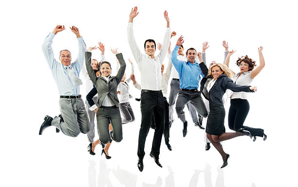 Successful business group jumping together.
