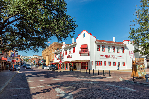 Fort Worth, Texas - November 5, 2023: old historic  building located in the famous Stockyards is now a shop and a Museum, Ft Worth, Texas, USA.