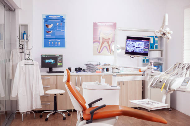 istock Modern orange dentist cabinet with sterile utensils 1868318346