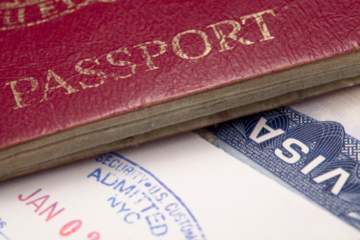 UK passport book and US visa background