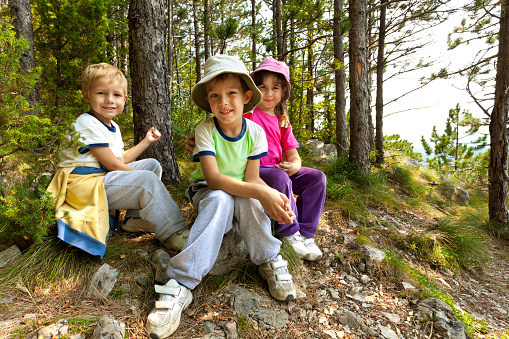 Group of children sitting on the edge of the mountain, having a break after long walk in the forest.