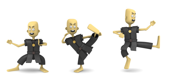 Stylized cartoon kung fu master in three different poses.This is a detailed 3d rendering.