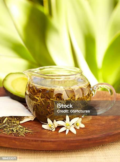 Glass Teapot Filled With Herbal Tea On A Wooden Tray Stock Photo - Download Image Now