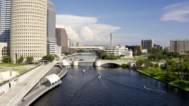 Aerial view of boats along downtown Tampa riverwalk, Willoughby River
