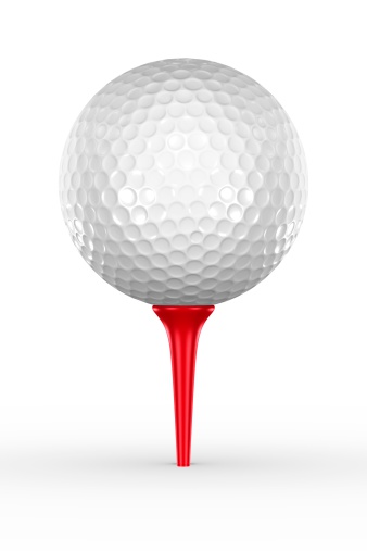 A rendered golf ball sitting on a red tee.  3D render on  a white background.