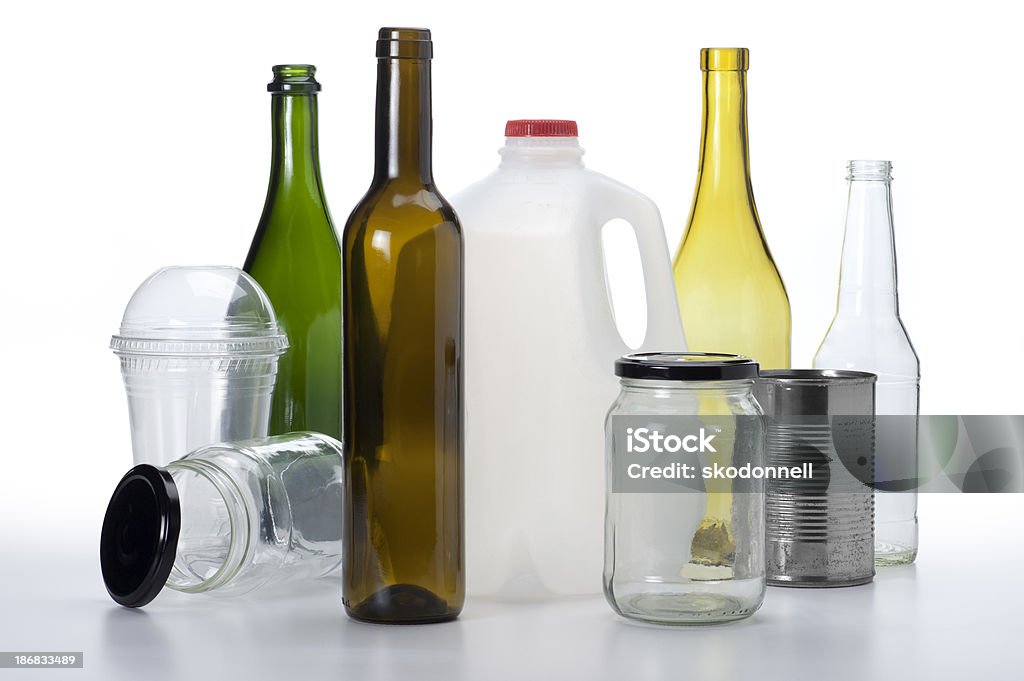 Bottles, Jars and Cans for Recyling This is a photo of some items that can be recycled. This picture was taken in the studio and bleeds to a pure white background.Click on the links below to view lightboxes. Bottle Stock Photo