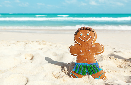 A Christmas gingerbread man cookie tourist in swim suit spending Christmas holiday in tropical beach of the Caribbean Sea, Riviera Maya, Mexico.