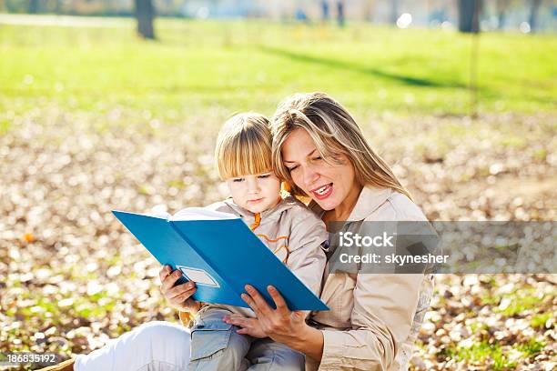 Mutter Und Sohn Lesen Eines Buches Im Freien Stockfoto und mehr Bilder von Alleinerzieherin - Alleinerzieherin, Bildung, Blatt - Pflanzenbestandteile