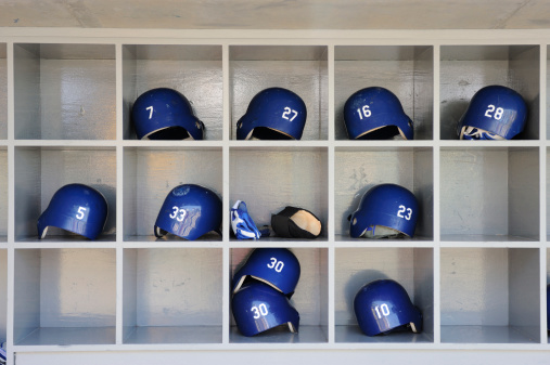 Baseball Helmets seat in a cubby holes