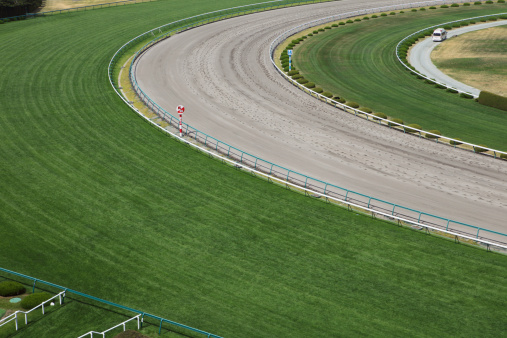 Horse racing track with turf and dirt track.