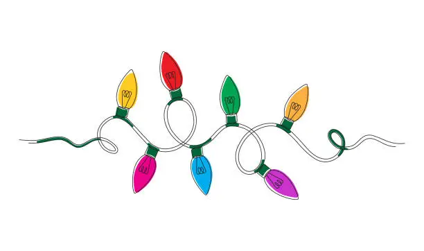 Vector illustration of Christmas Twinkle Lights Continuous Line Drawing with Editable Stroke