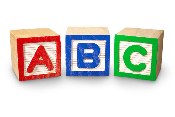 ABC Building Blocks "Toy building blocks with the letters A, B and C." alphabetical order stock pictures, royalty-free photos & images