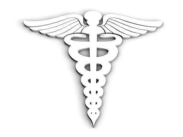 A symbol of the ancient greek god of Hermes formed from two snakes which are winding around a winged staff. 3D rendering graphics isolated on white background.