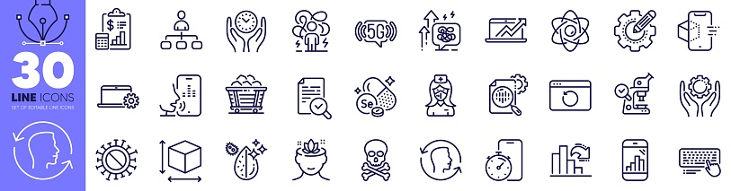 Selenium mineral, Recovery internet and Sales diagram line icons pack. Box size, Face id, 5g wifi web icon. Report, Seo stats, Nurse pictogram. Voicemail, Graph phone, Coronavirus. Vector