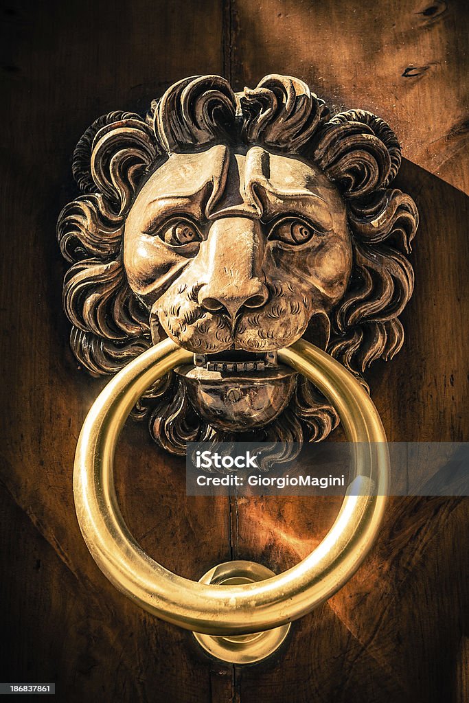 Argola de cabeça de leão, vista Frontal - Foto de stock de Dourado - Descrição de Cor royalty-free