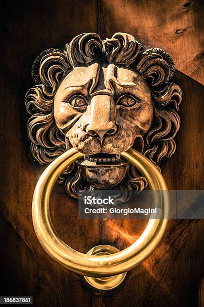 Foto de Argola De Cabeça De Leão Vista Frontal e mais fotos de stock de Dourado - Descrição de Cor - Dourado - Descrição de Cor, Leão, Ouro - Metal