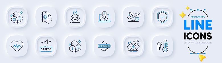 Shield, Medical flight and Difficult stress line icons for web app. Pack of Telemedicine, Stress, High thermometer pictogram icons. Sulfur mineral, Heartbeat, Hand sanitizer signs. Vector