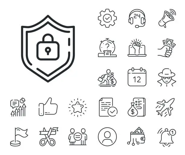 Vector illustration of Shield line icon. Internet protection sign. Salaryman, gender equality and alert bell. Vector