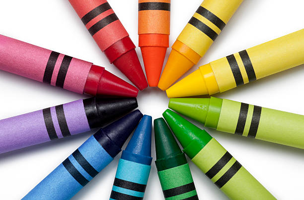 Bright Colorful Crayons This is a close up photograph of colorful crayon tips pointing towards each other.Click on the links below to view lightboxes. crayon photos stock pictures, royalty-free photos & images