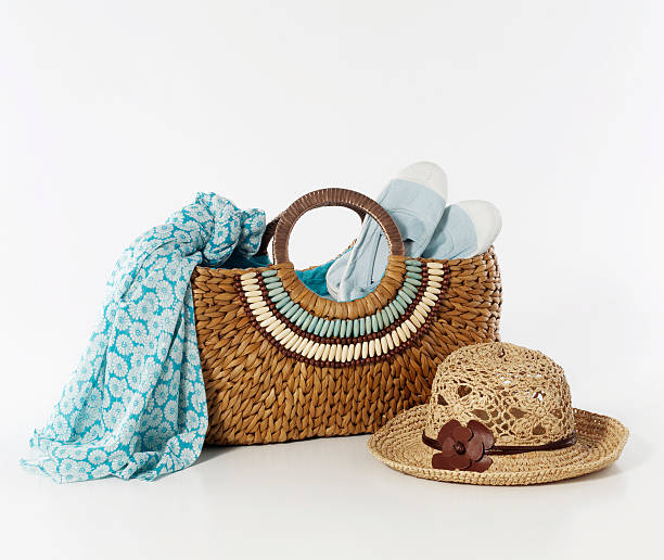 beach bag beach bag straw bag stock pictures, royalty-free photos & images