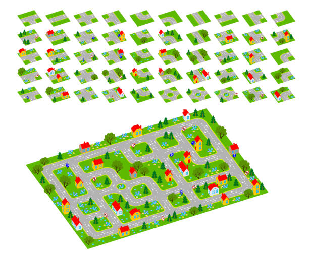 illustrazioni stock, clip art, cartoni animati e icone di tendenza di set di piastrelle isometriche 3d per la creazione di videogiochi con città e strade. piastrelle con parti di strade ed edifici per creare una mappa della piattaforma. immagine vettoriale piatta del fumetto per lo sfondo del puzzle. - background tile video