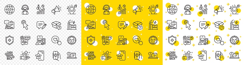 Outline Vip phone, Analysis graph and Noise line icons pack for web with Chat bubble, Secret package, Support line icon. Phishing, Medical shield, Music app pictogram icon. Cursor. Vector