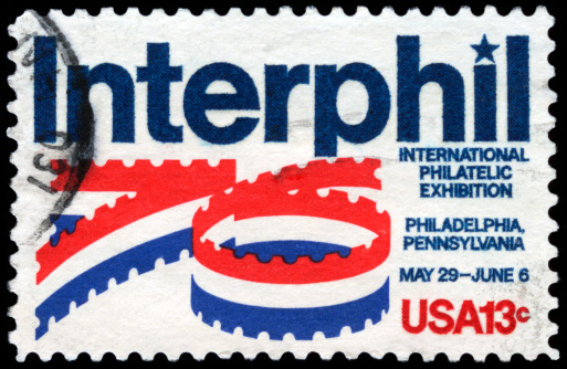 A 1976 issued 13 cent United States postage stamp showing International Philatelic Exhibition.