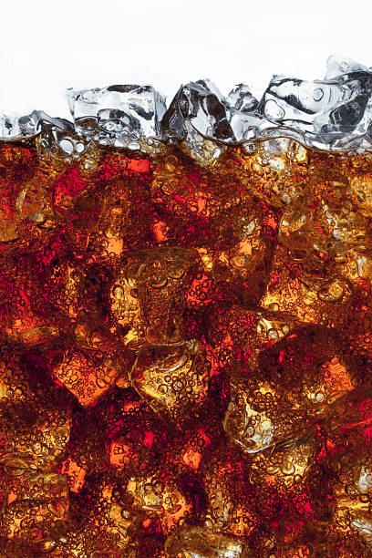 Full Background shot of Carbonated Soda and Ice illuminated showing carbonated bubbles and light refraction