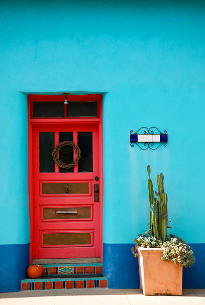 istock Red Door and Cactus Against Blue Stucco Wall 186840874