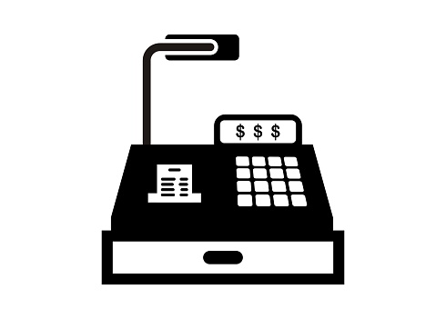 Simple illustration of a cashier machine in black and white.