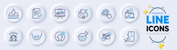 Presentation, Chemistry lab and Refresh website line icons for web app. Pictogram icon. Vector Presentation, Chemistry lab and Refresh website line icons for web app. Pack of Vanadium mineral, Waterproof, Cogwheel settings pictogram icons. Chin, Certificate, Voicemail signs. Vector laboratory technician icon stock illustrations