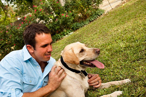 istock Man outside with yellow lab pet dog 186841265
