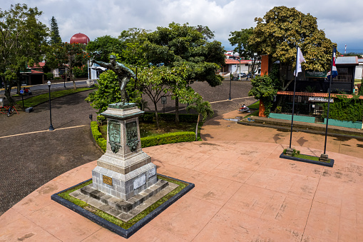 Alajuela Province, Alajuela, Costa Rica - 12 12 2023: Aerial view of the Juan Santamaria Monument in Alajuela Costa Rica