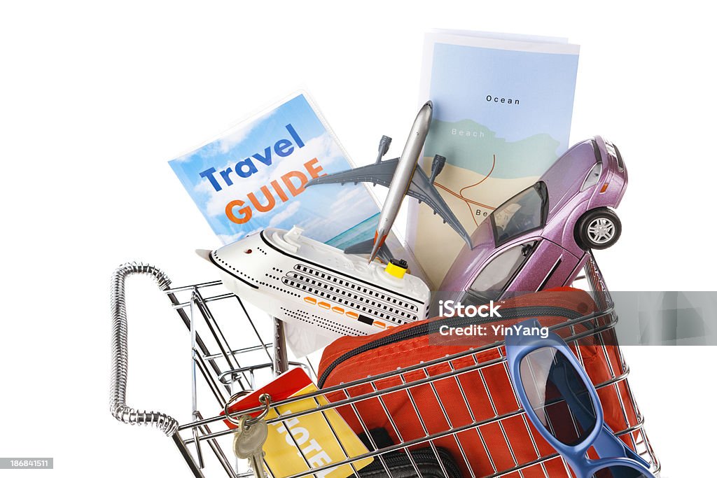 Shopping Cart with Vacation Package, Cruise, Car Rental, Flight, Hotel "Subject: Shopping for vacation package, a shopping cart loaded with plane reservation, hotel reservation, car rental, guide book, map luggage, sunglasses, cruise ship reservation. Isolated on a white background." Car Stock Photo