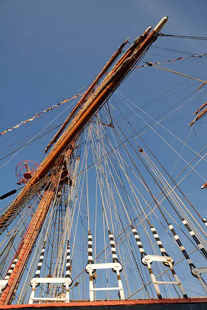 Rigs of a sailing ship against blue sky