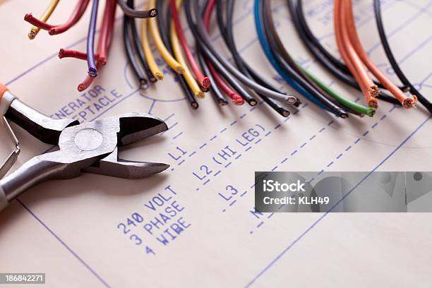Wire Cutters Blueprints And Wires With Copyspace Stock Photo - Download Image Now - Blueprint, Cable, Computer Cable