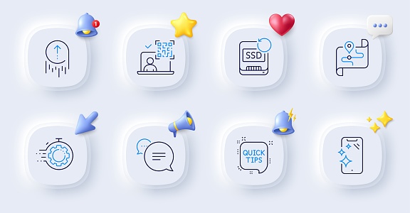 Text message, Map and Quick tips line icons. Buttons with 3d bell, chat speech, cursor. Pack of Seo timer, Recovery ssd, Smartphone clean icon. Swipe up, Qr code pictogram. Vector