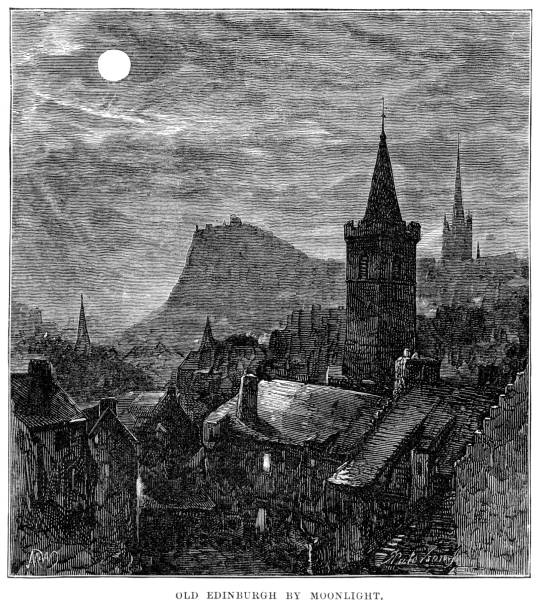 illustrations, cliparts, dessins animés et icônes de old édimbourg au clair de lune - antique engraved image moonlight night