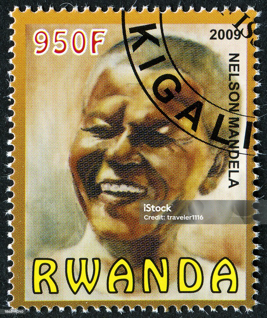 Nelson Mandela Stamp Cancelled Stamp From Rwanda Featuring Nelson Mandela Who Fought Against Apartheid In South Africa. Nelson Mandela Stock Photo