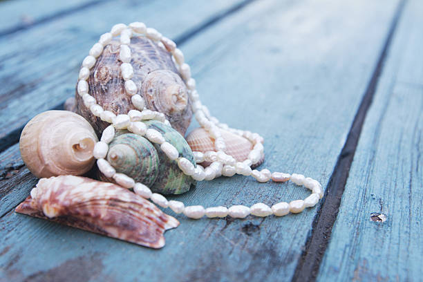 istock Sea shells with pearls on blue wood background 186844375
