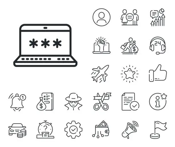 Vector illustration of Laptop password line icon. Cyber defence sign. Salaryman, gender equality and alert bell. Vector