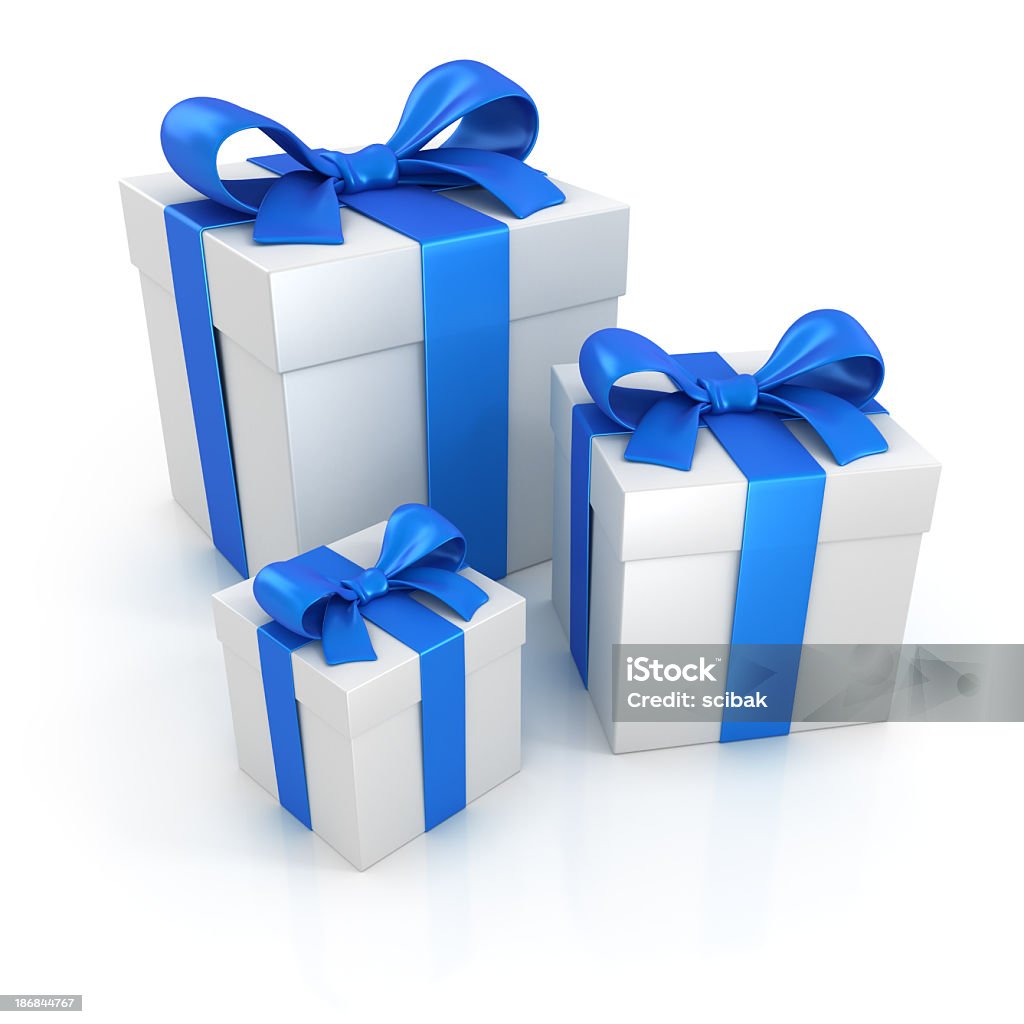 Gift boxes with blue ribbons isolated on white Three white gift boxes with blue ribbons isolated on white background. Digitally generated image.  Cut Out Stock Photo