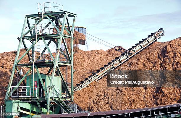 Трактор Сброс Woodchips Возле Conveyer Ремень — стоковые фотографии и другие картинки Башня - Башня, Без людей, Бумажная промышленность