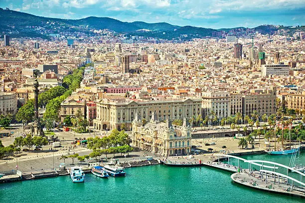 "Port in Barcelona, Catalonia, Spain La Rambla famous Street in Barcelona on the left side"