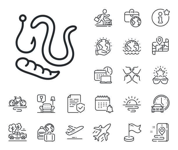 Maggots lure line icon. Fishing hook with worms sign. Plane jet, travel map and baggage claim. Vector Fishing hook with worms sign. Plane jet, travel map and baggage claim outline icons. Maggots lure line icon. Fishhook bait symbol. Worms line sign. Car rental, taxi transport icon. Vector airport sunrise stock illustrations