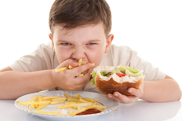 glutton dziecko - overweight child eating hamburger zdjęcia i obrazy z banku zdjęć